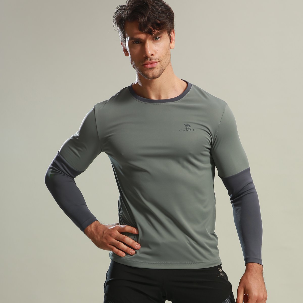 透气速干运动健身拼接男式汗衫打底上衣男款体恤弹力长袖男士t恤