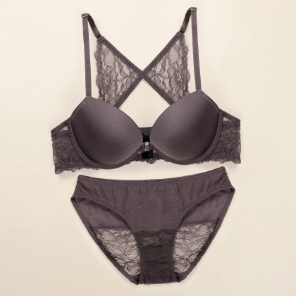 深v交叉前扣性感胸罩蕾丝聚拢女士美背内衣文胸套装