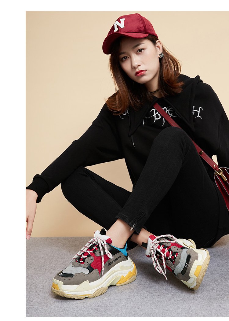 哥弟girdear厚底拼色系带复古老爹鞋女休闲鞋