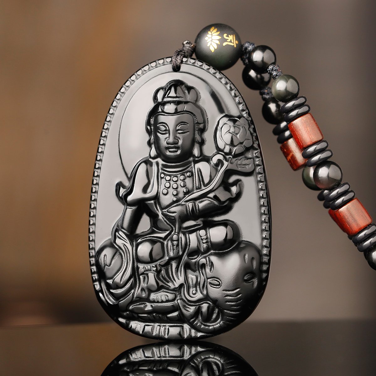 开光黑曜石十二生肖本命佛吊坠属龙属蛇守护神普贤菩萨平安项坠男女