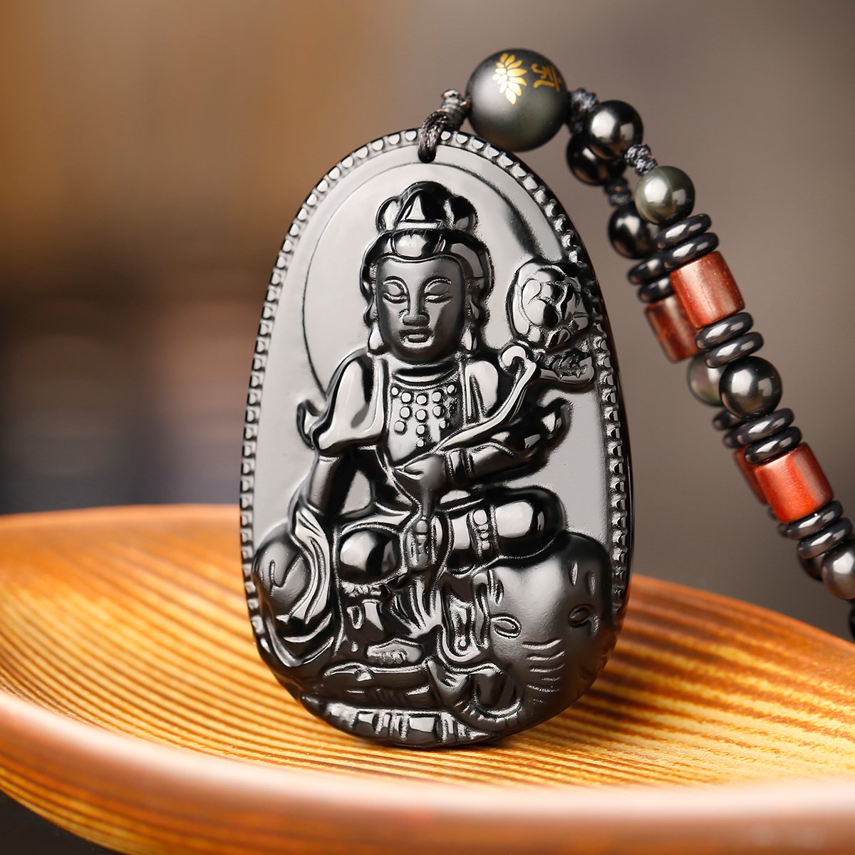 开光黑曜石十二生肖本命佛吊坠属龙属蛇守护神普贤菩萨平安项坠男女