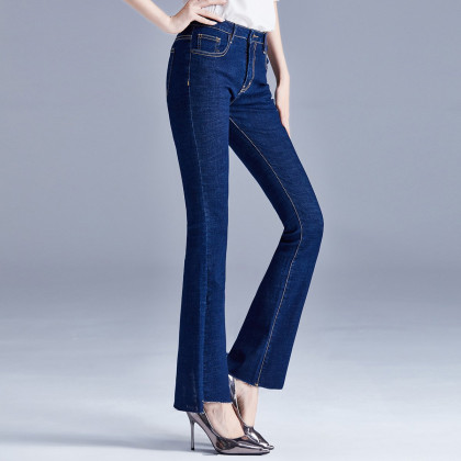 微喇叭裤深蓝色牛仔裤女春秋装新款简约喇毛边修身显瘦直筒长裤夏