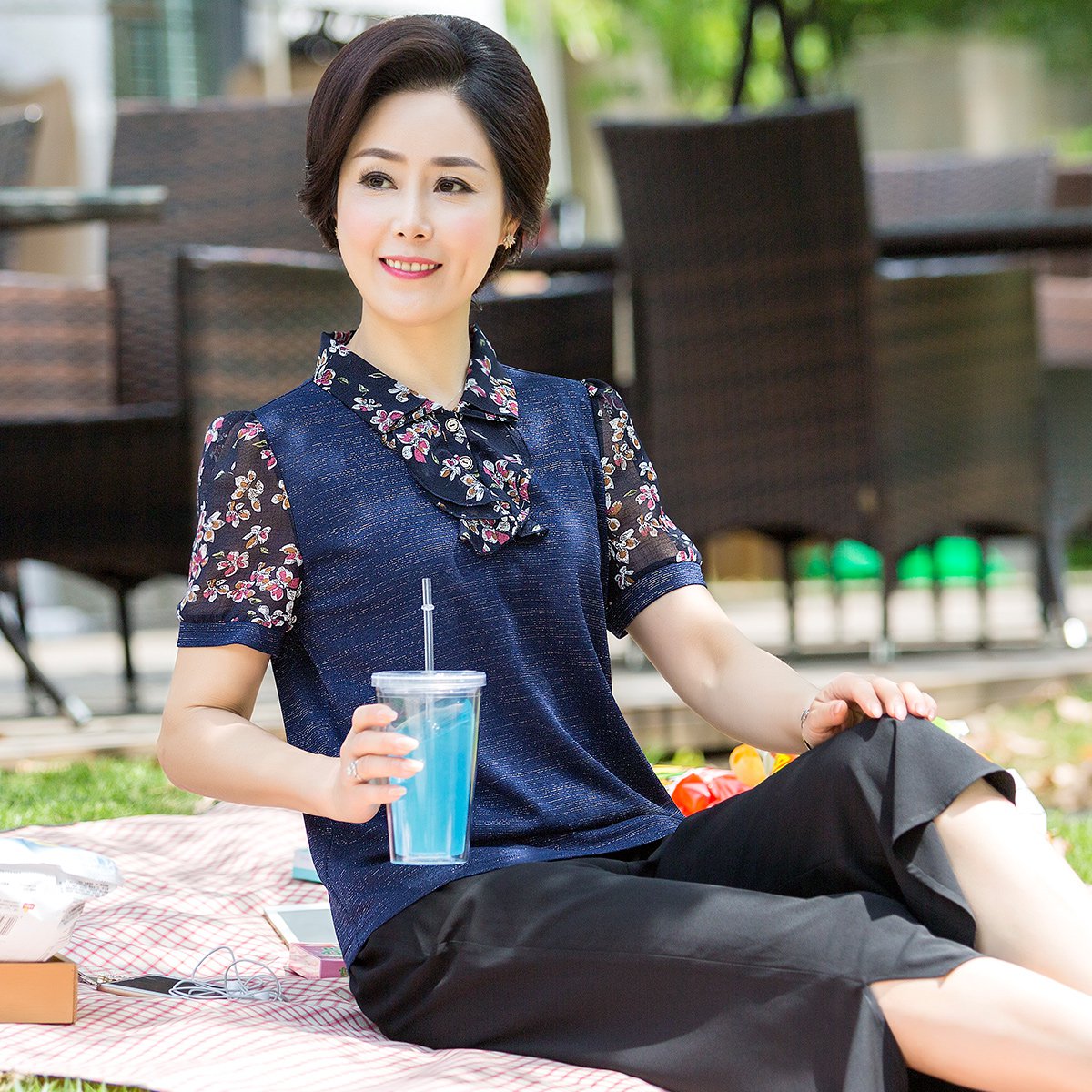 【唯品会】 福玛玛福玛玛夏季新款妈妈装中老年女装夏装时尚印花拼接