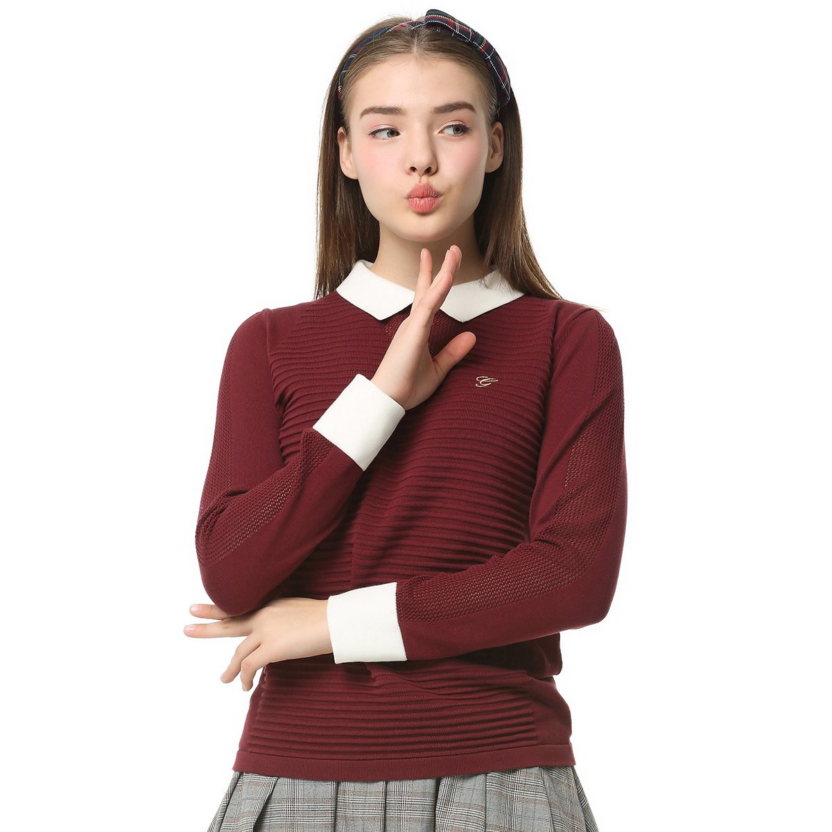 伊顿珍妮 秋新款学院少女学生全棉提花白色翻领长袖打底针织衫