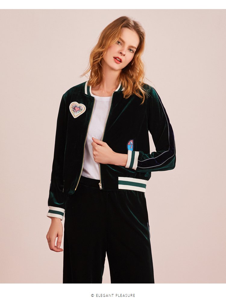 juzui-玖姿秋装新款贴布侧边条纹运动风丝绒棒球服女式外套