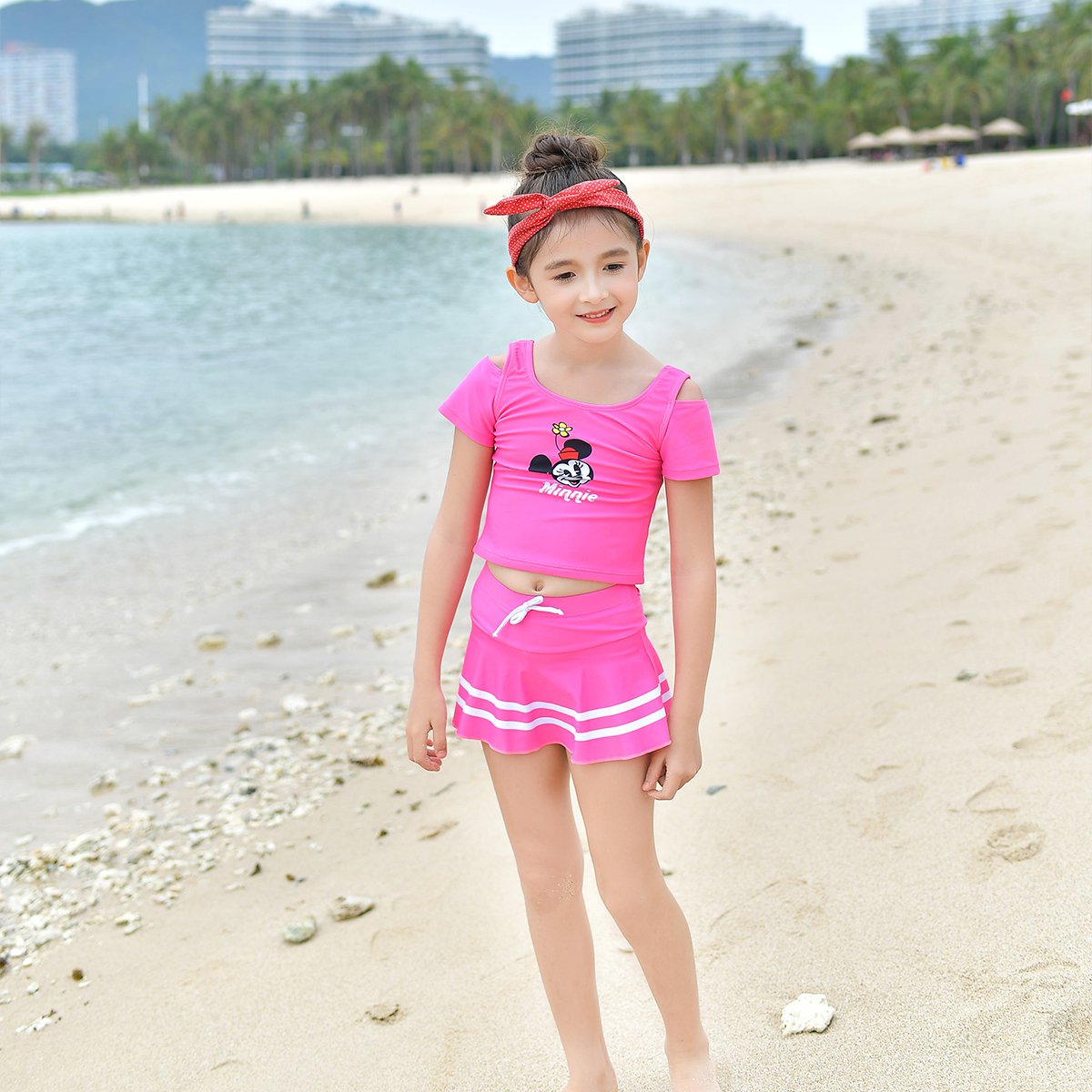 迪士尼儿童米妮泳衣女童小清新遮肚显瘦女孩可爱游泳衣