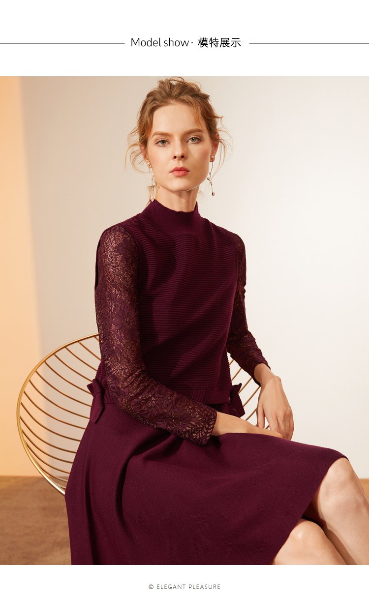 juzui-玖姿秋装新款亮丝蕾丝针织羊毛两件套半高领女式针织连衣裙