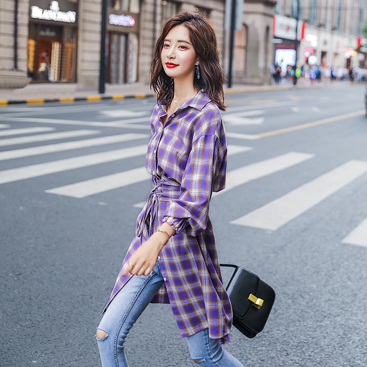 格纹衬衫连衣裙秋装新款收腰显瘦翻领长袖时尚潮流气质连衣裙