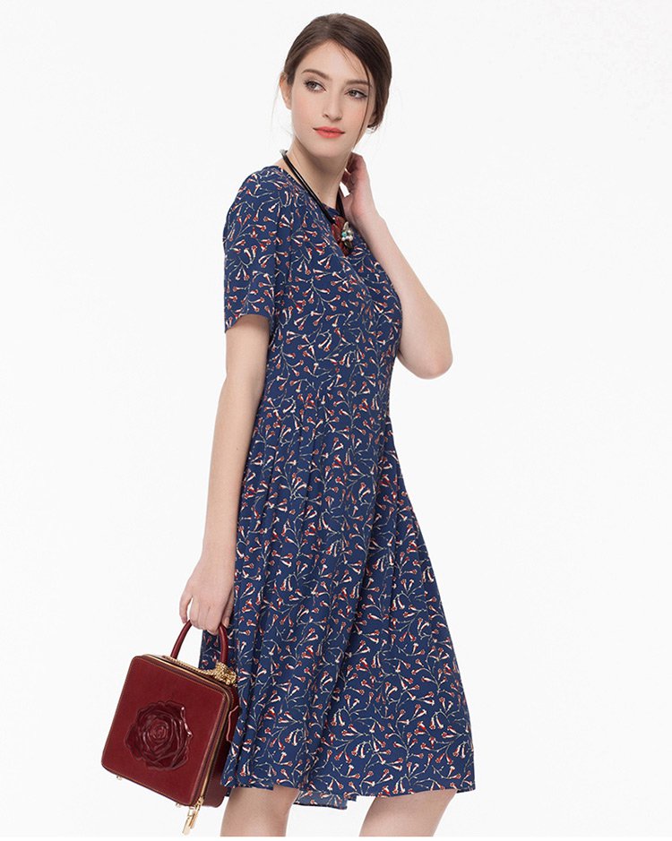商场同款moreline沐兰春夏新款小碎花印花收腰短袖梭织连衣裙