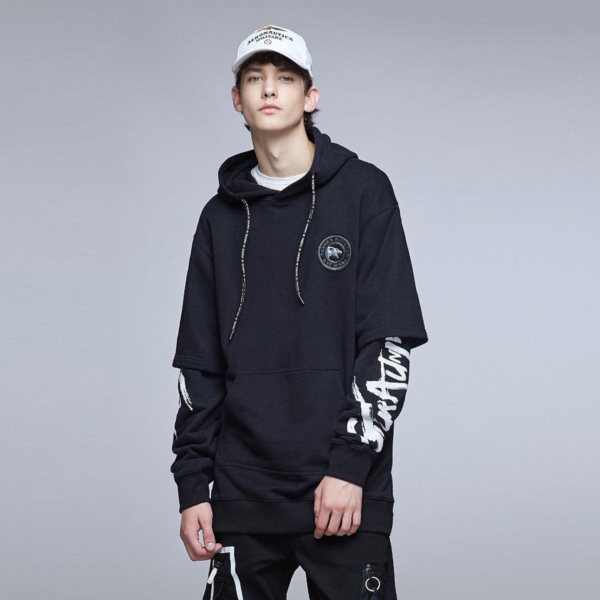 古由卡2018新款潮牌厚卫衣男连帽欧美街头嘻哈oversize假两件套头卫衣