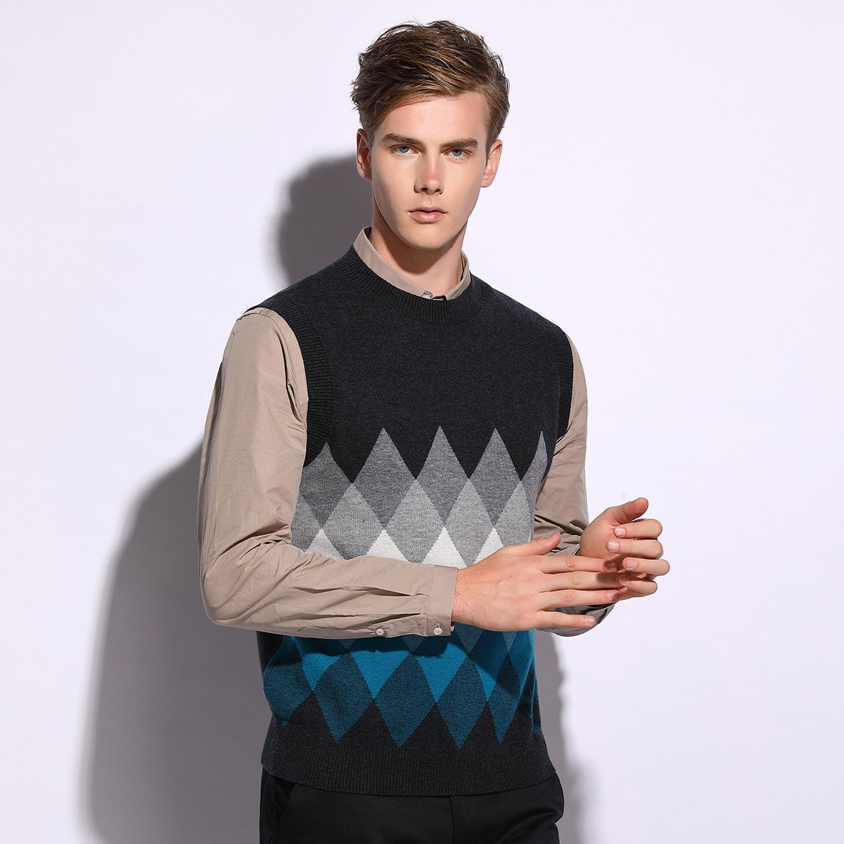 浅秋秋冬男款拼色无袖100%羊毛衫针织衫背心男士毛衣