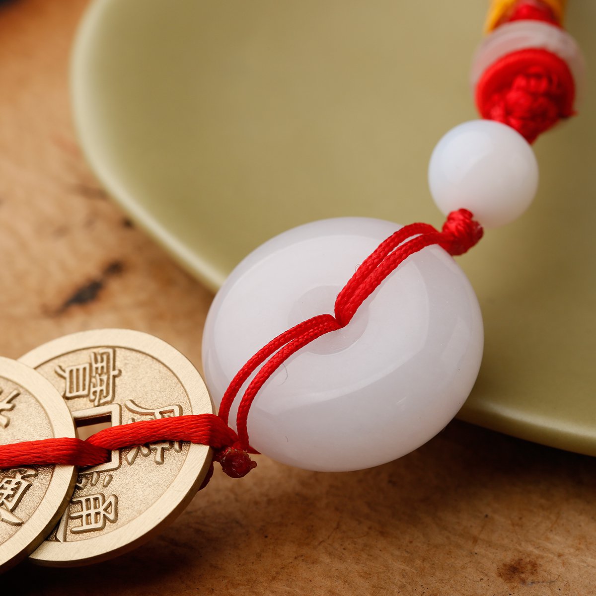 开光白玉五帝铜钱平安扣车挂红绳玛瑙手工编织流苏后视镜挂件车载