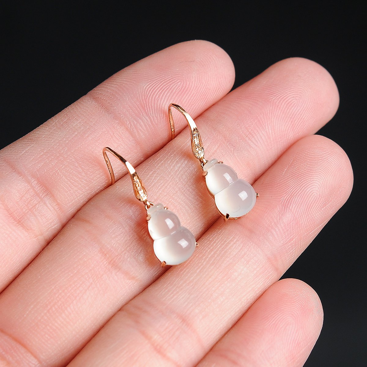 亿珍阁 18k金伴钻镶冰种翡翠a货水润冰白葫芦翡翠玉耳钉/玉耳坠/翡翠