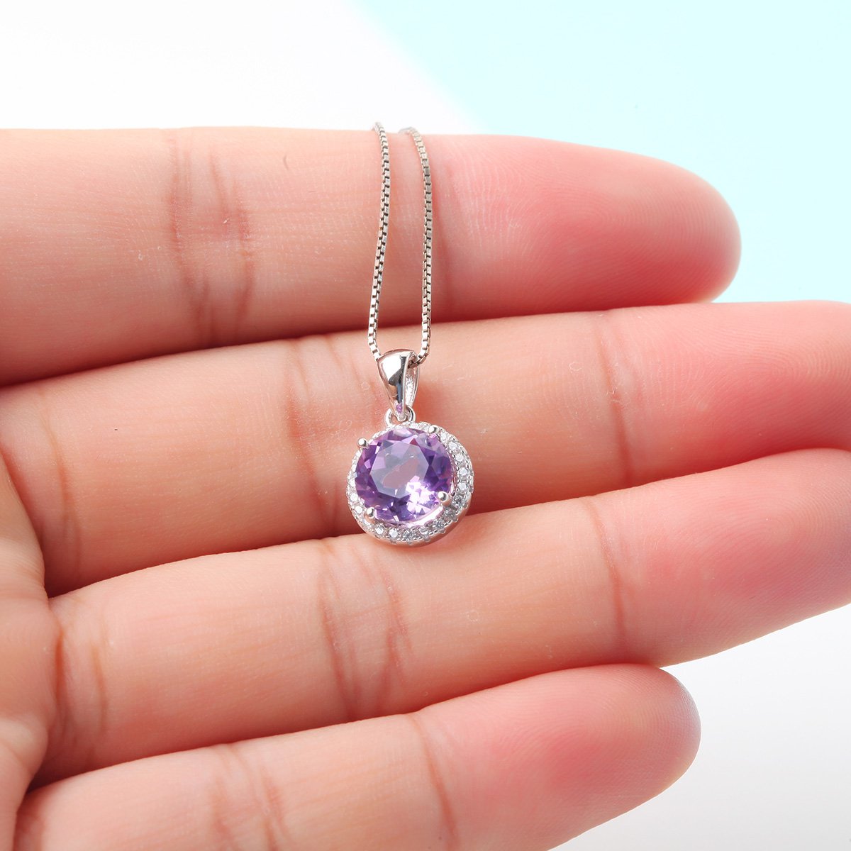 穗南水晶 925银镶淡雅紫水晶圆形吊坠 赠配链 附证书(批量产品随机