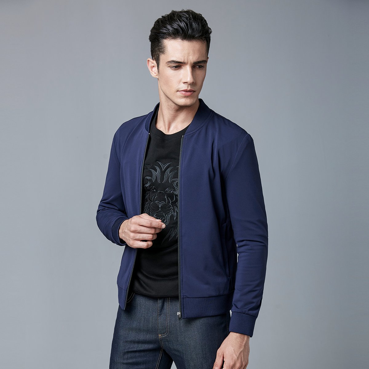 弹力舒适罗纹拼接棒球领男士夹克