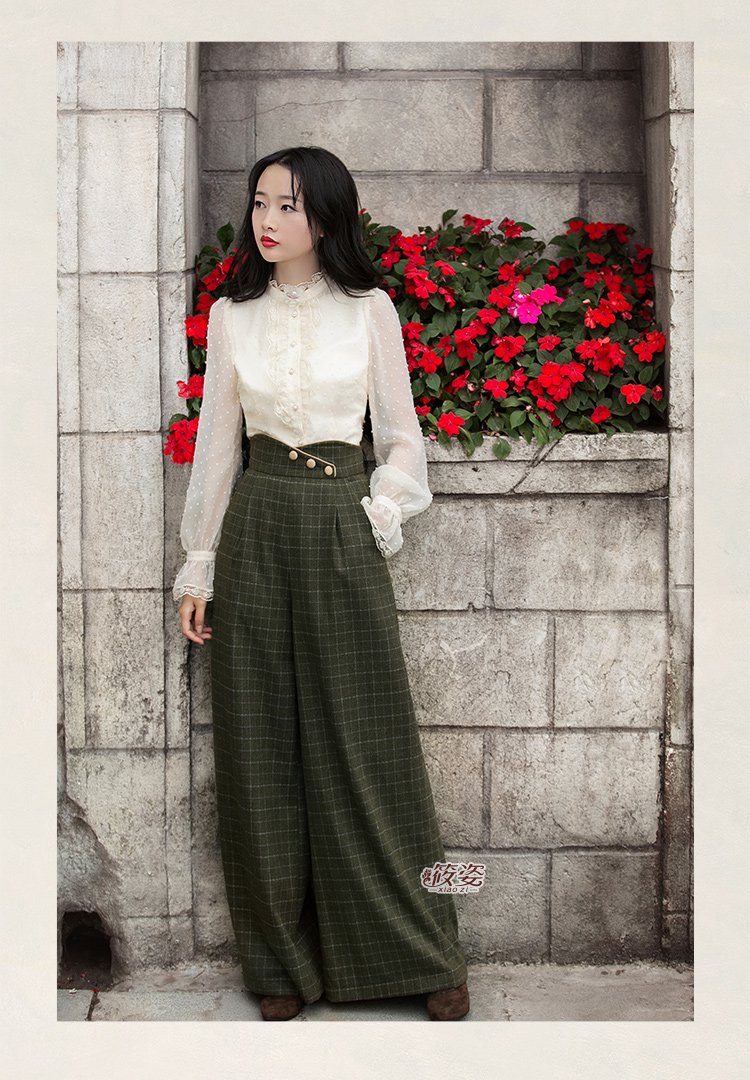 筱姿2019春季新款复古女装高腰长裤显瘦纯色百搭阔脚裤女