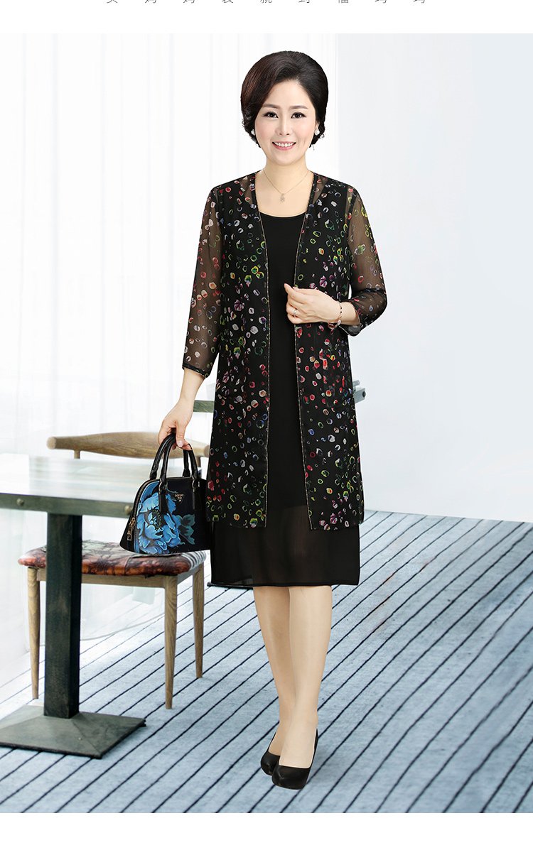 新款妈妈装中老年大码女装休闲夏装真两件印花网纱外搭直筒连衣裙子女