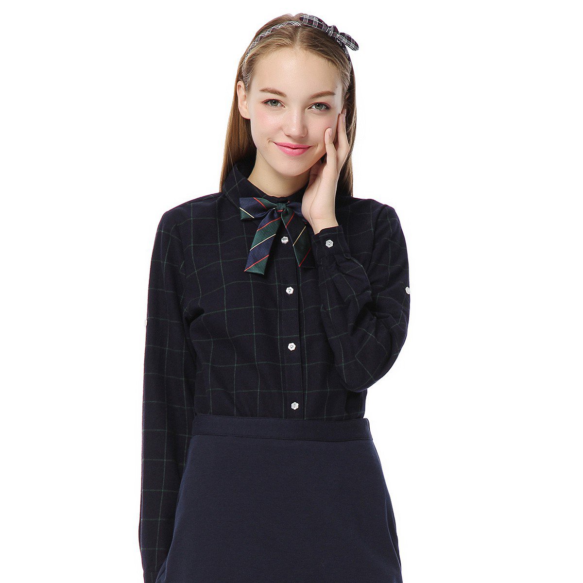 伊顿珍妮 英伦学院风全棉磨毛长袖学生制服格子衬衫女衬衣