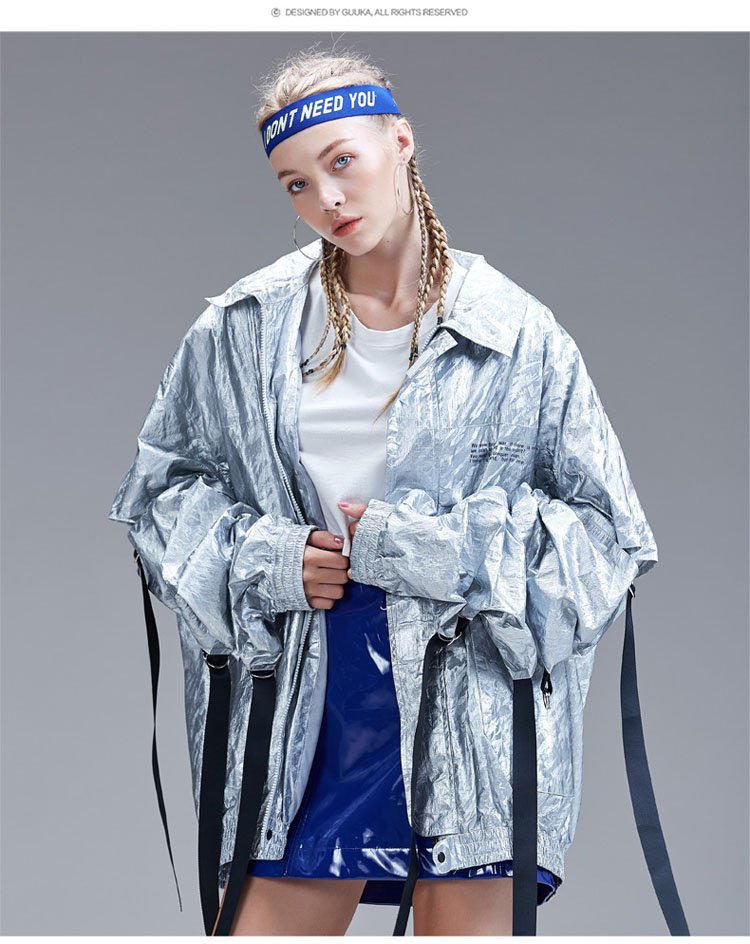 2018秋冬新款潮牌反光镭射外套女宽松情侣外套高街嘻哈舞台个性金属色