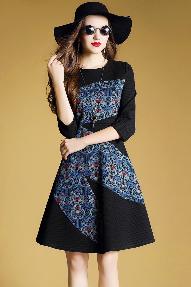 2018新品秋装丹慕妮尔七分袖气质拼接条纹显瘦印花连衣裙