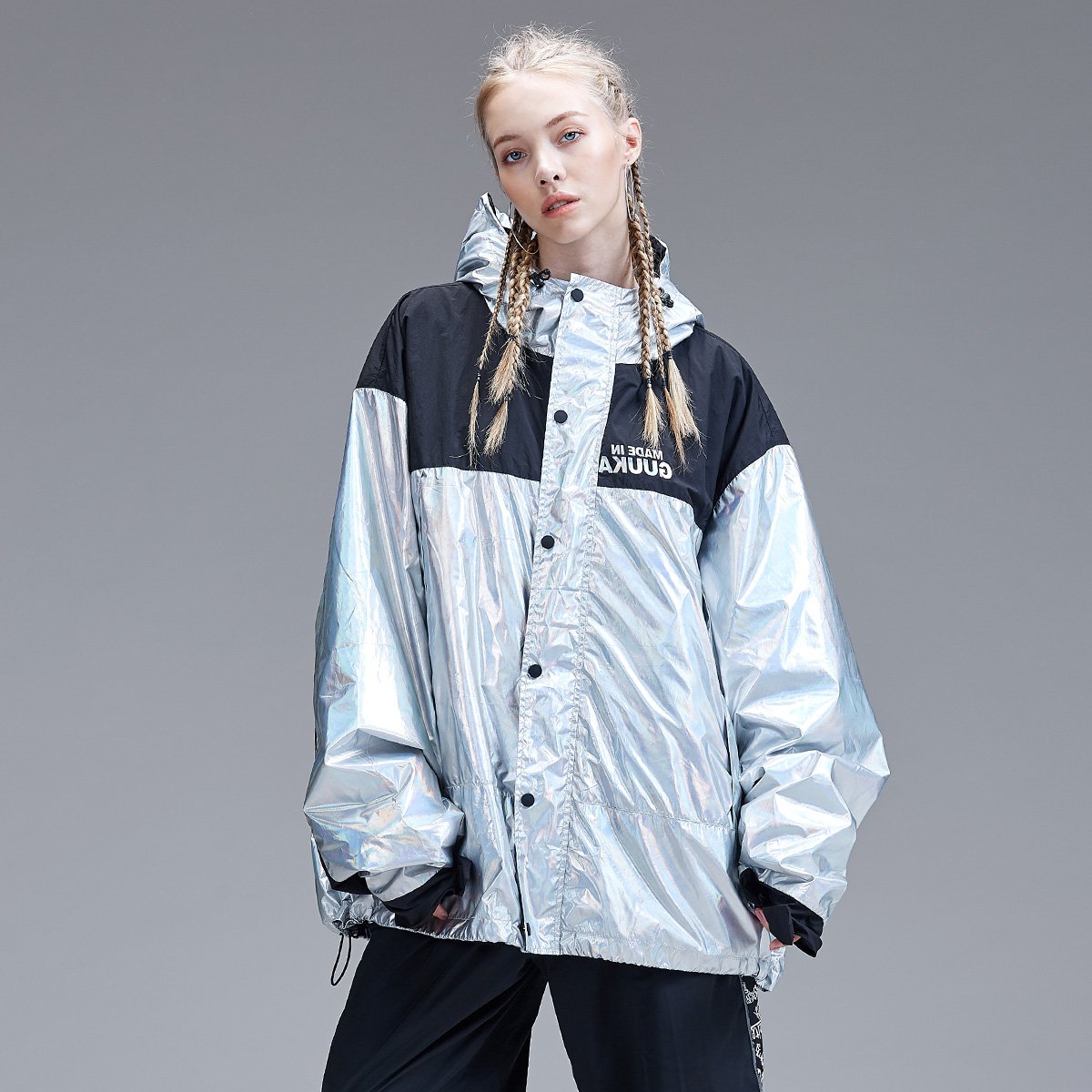 潮牌镭射外套女2018秋冬新款嘻哈rap撞色拼接中长款宽松外套 情侣防