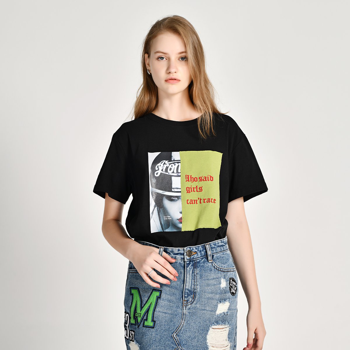 不对称人物头像拼接复古英文字母印花宽松短袖女士t恤