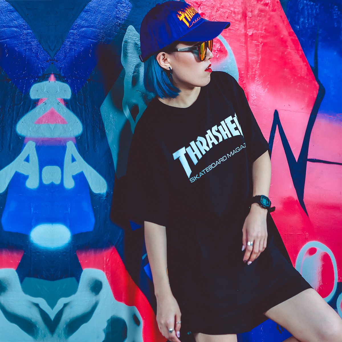 美国进口圆领中性款t恤 经典logo字纯棉男女潮服thrasher火焰t