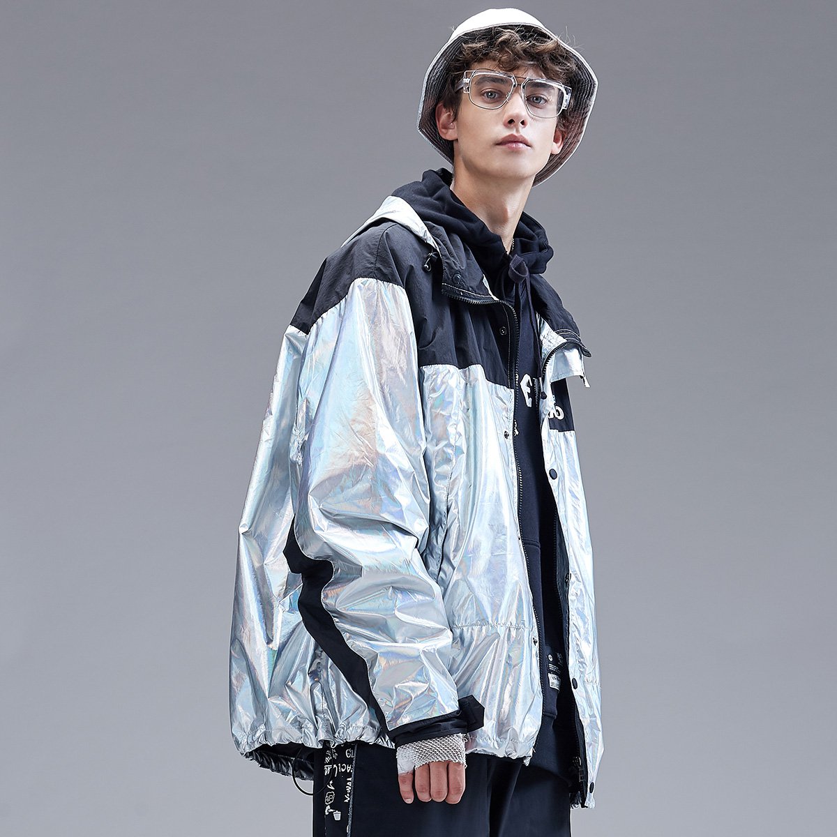 潮牌炫彩镭射外套男风衣薄2018秋冬新款嘻哈撞色宽松防风衣情侣休闲