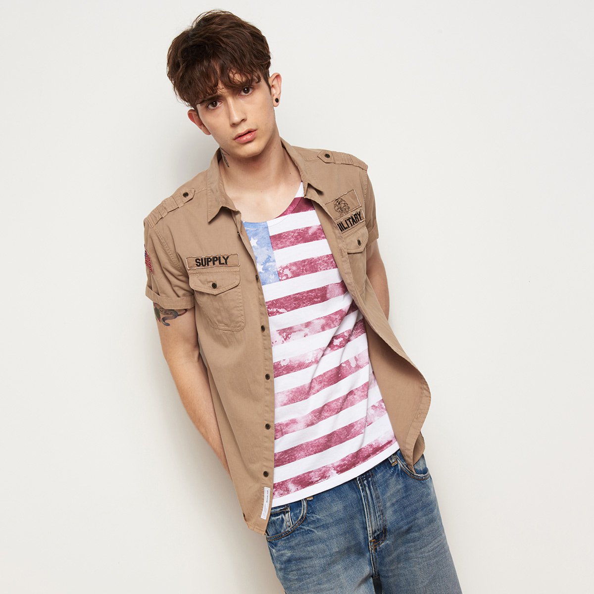 bonobo夏季欧美休闲风驼色翻领短袖衬衫-6151007107