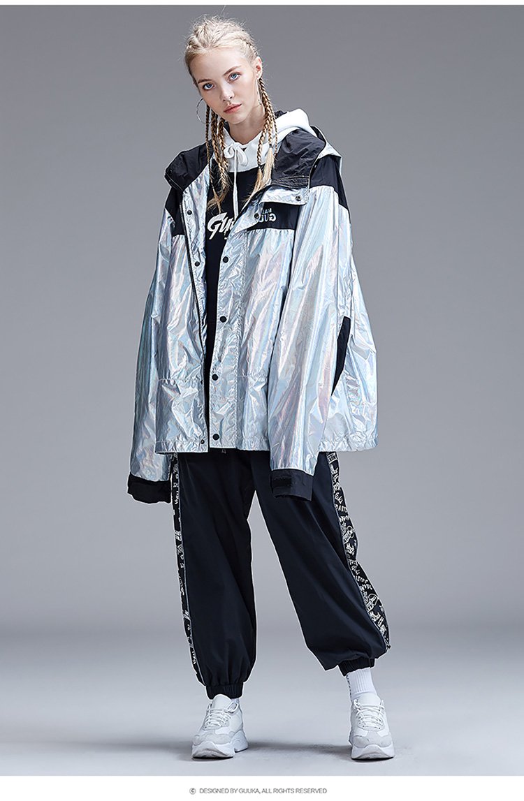 潮牌镭射外套女2018秋冬新款嘻哈rap撞色拼接中长款宽松外套 情侣防