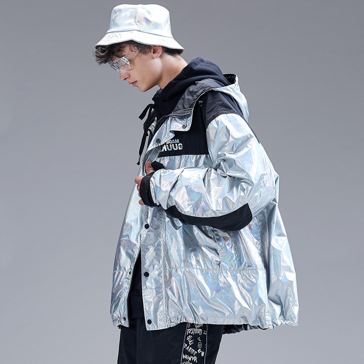 潮牌炫彩镭射外套男风衣薄2018秋冬新款嘻哈撞色宽松防风衣情侣休闲