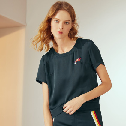 juzui玖姿休闲拼色简约运动风圆领短袖女士t恤