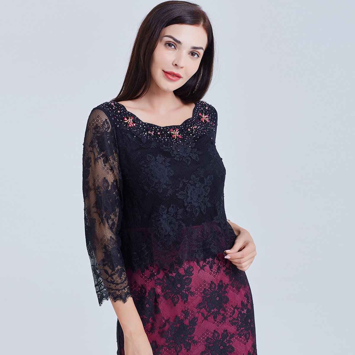 meiermei/玫而美时尚收身蕾丝拼接连衣裙