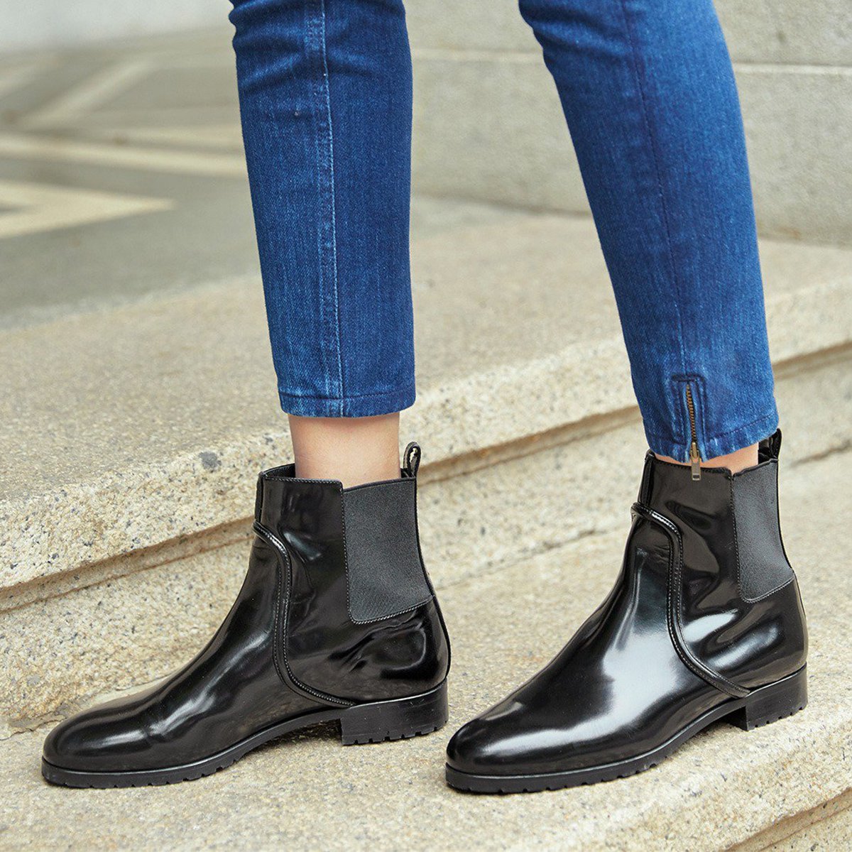 哥弟女鞋牛皮切尔西显瘦短筒女士靴子