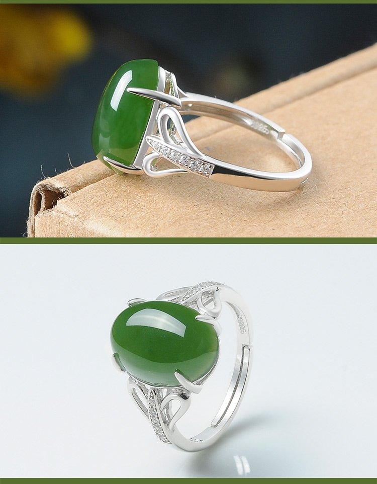 亿珍阁 精致s925银镶菠菜绿和田玉碧玉椭圆玉戒指16-20#活口 附证书
