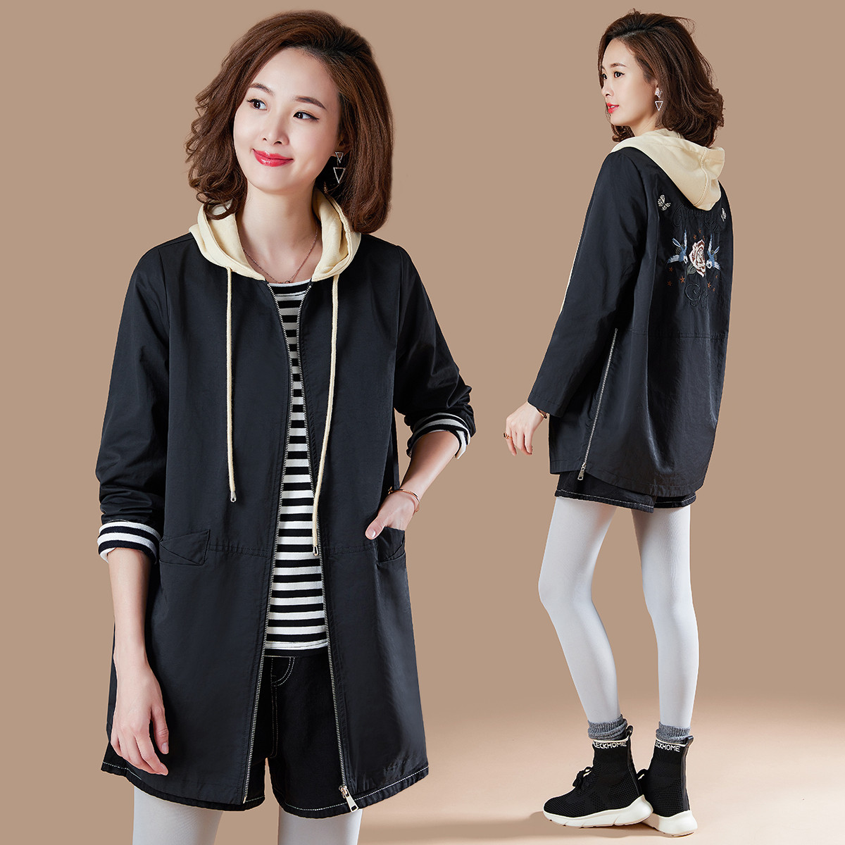 【新品精选】时尚连帽抽绳后背绣花休闲秋新品女士外套女上装百搭都市