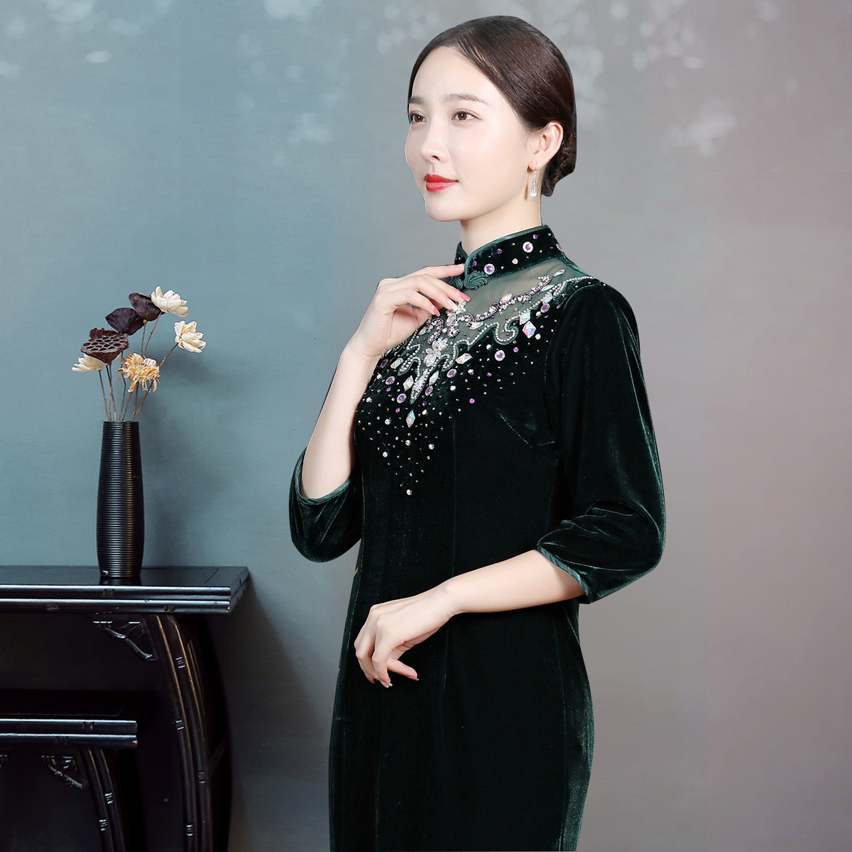 雀之恋崔万志2018秋季新款改良中袖丝绒旗袍裙日常钉珠长款旗袍连衣裙