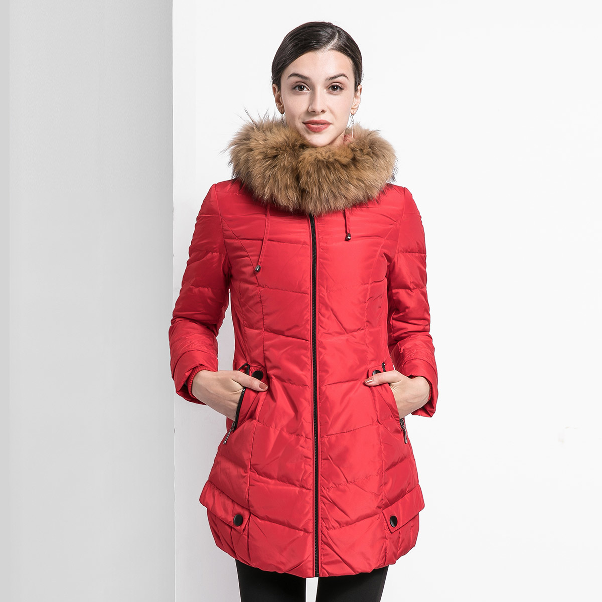 女款大红色中长款长袖羽绒服