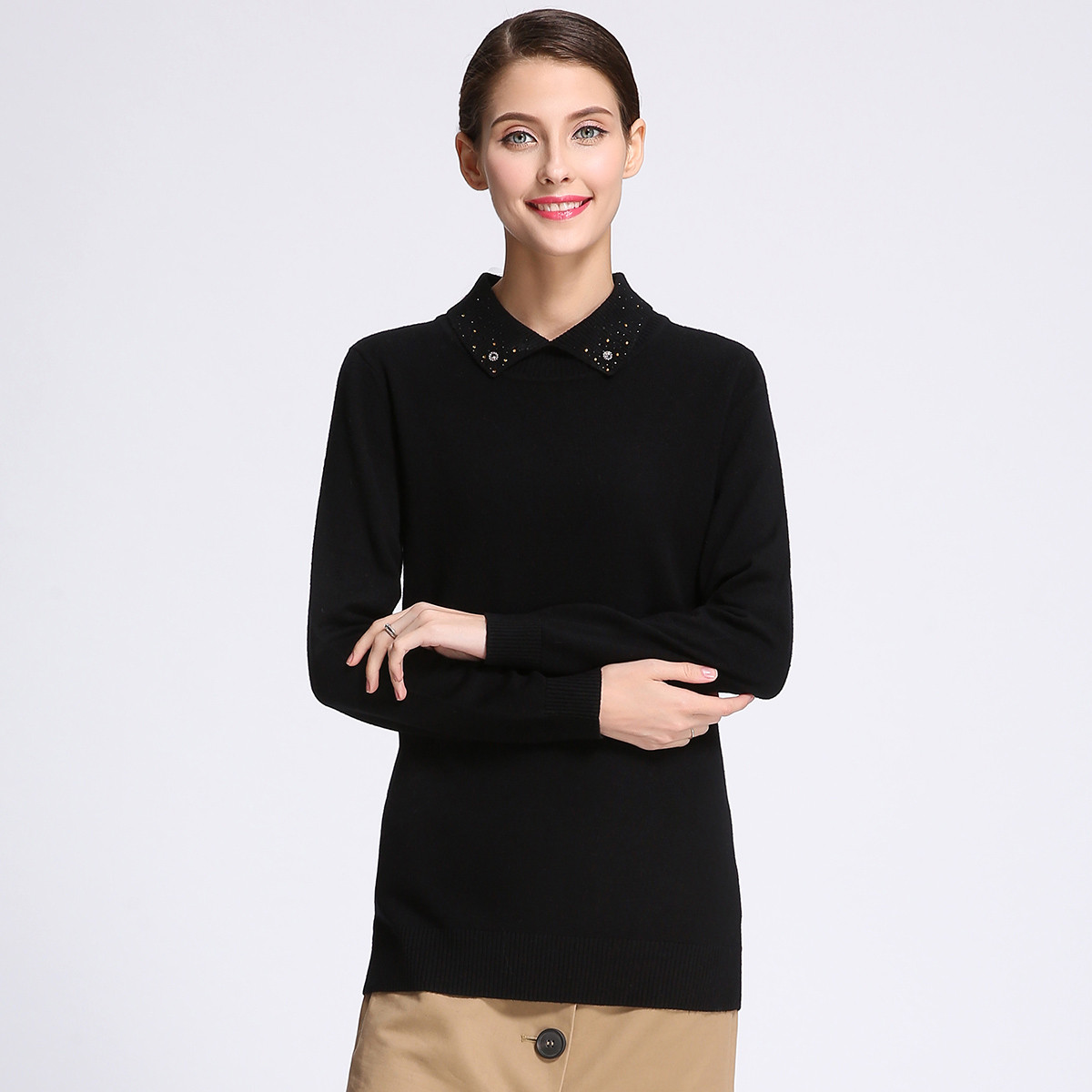 浅秋女款娃娃领长袖修身中长套头纯羊毛衫毛衣