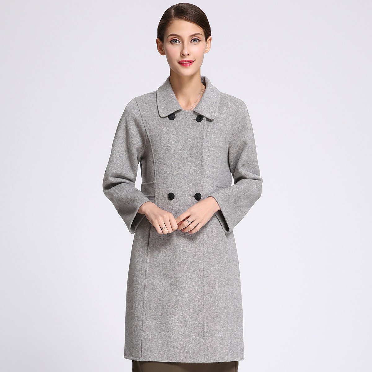 浅秋女简约休闲翻领长袖宽松呢大衣羊毛大衣外套