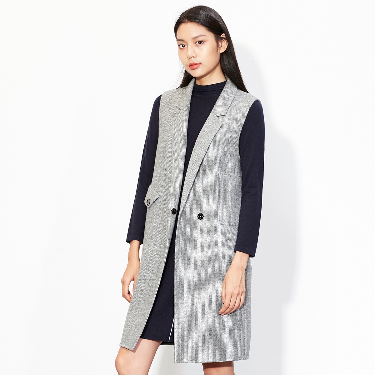 雅莹秋新款女口袋装饰人字纹长款马甲外套ejdiw8209ac_唯品会