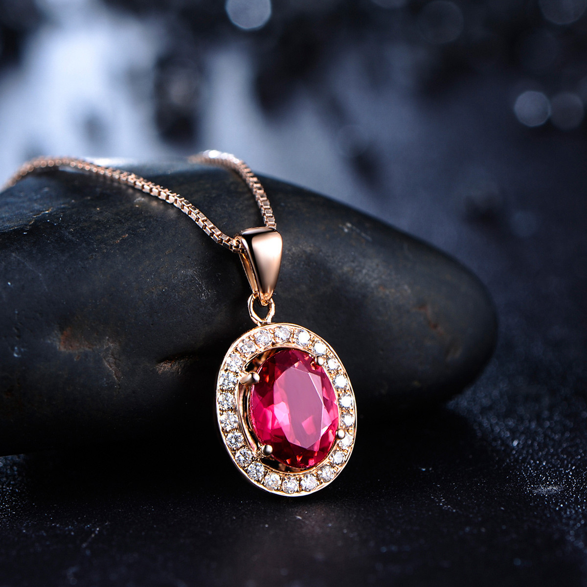 鑫万福 18k金1克拉红碧玺吊坠/钻石吊坠