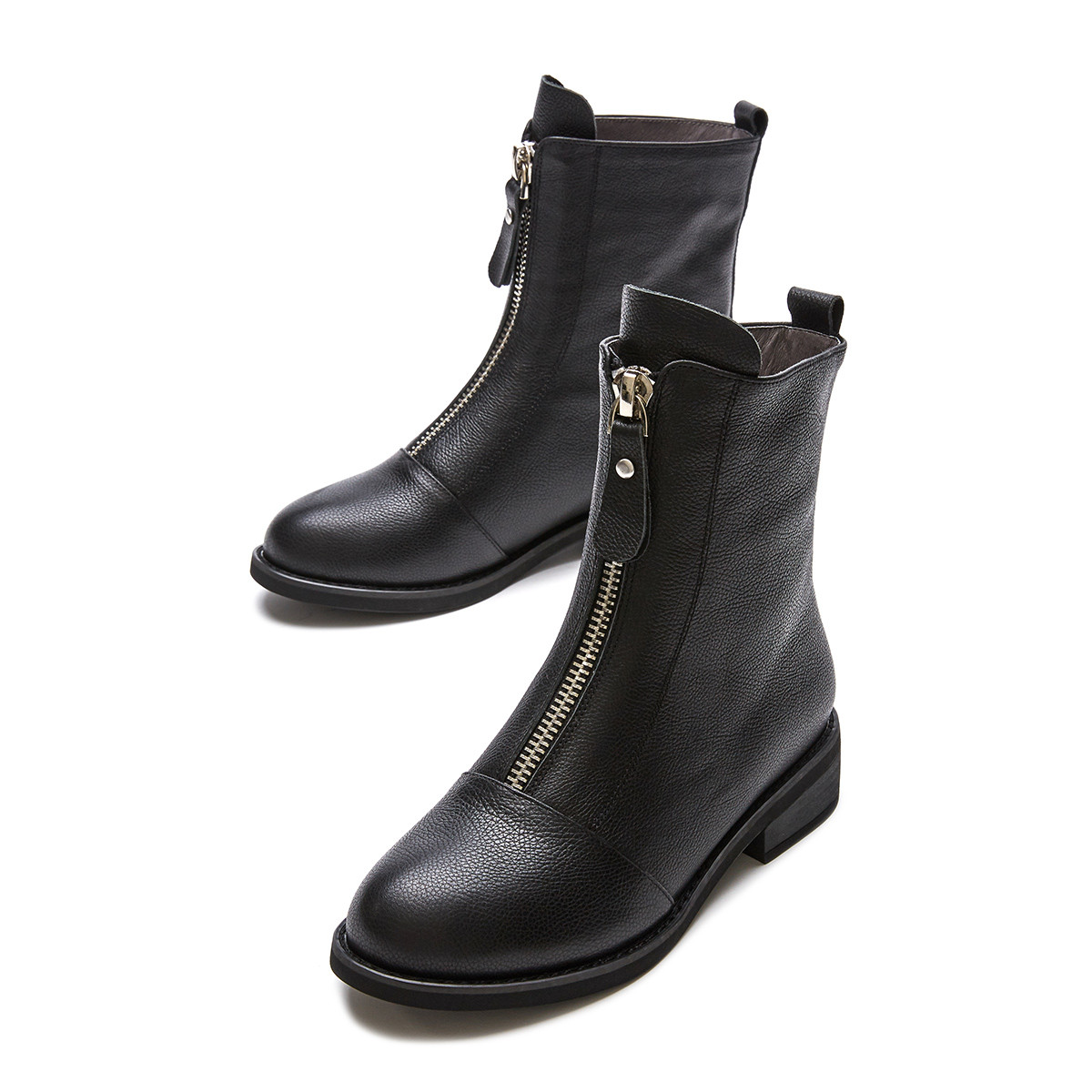 18年冬季新款牛皮平底时尚百搭荔枝皮软面时尚街潮女士鞋面拉链休闲靴