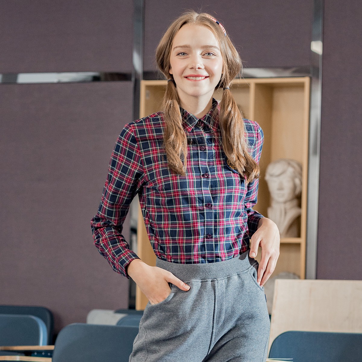 伊顿珍妮 校园学院风甜美修身纯棉衬衫少女学生长袖甜美格子衬衣