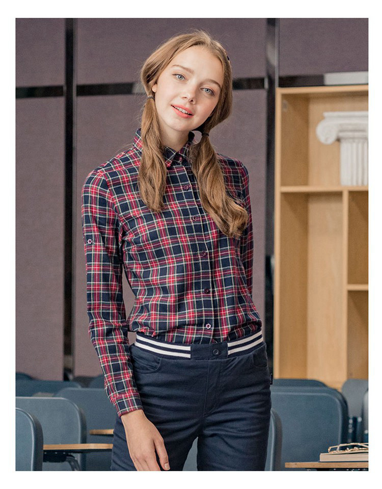 伊顿珍妮 校园学院风甜美修身纯棉衬衫少女学生长袖甜美格子衬衣