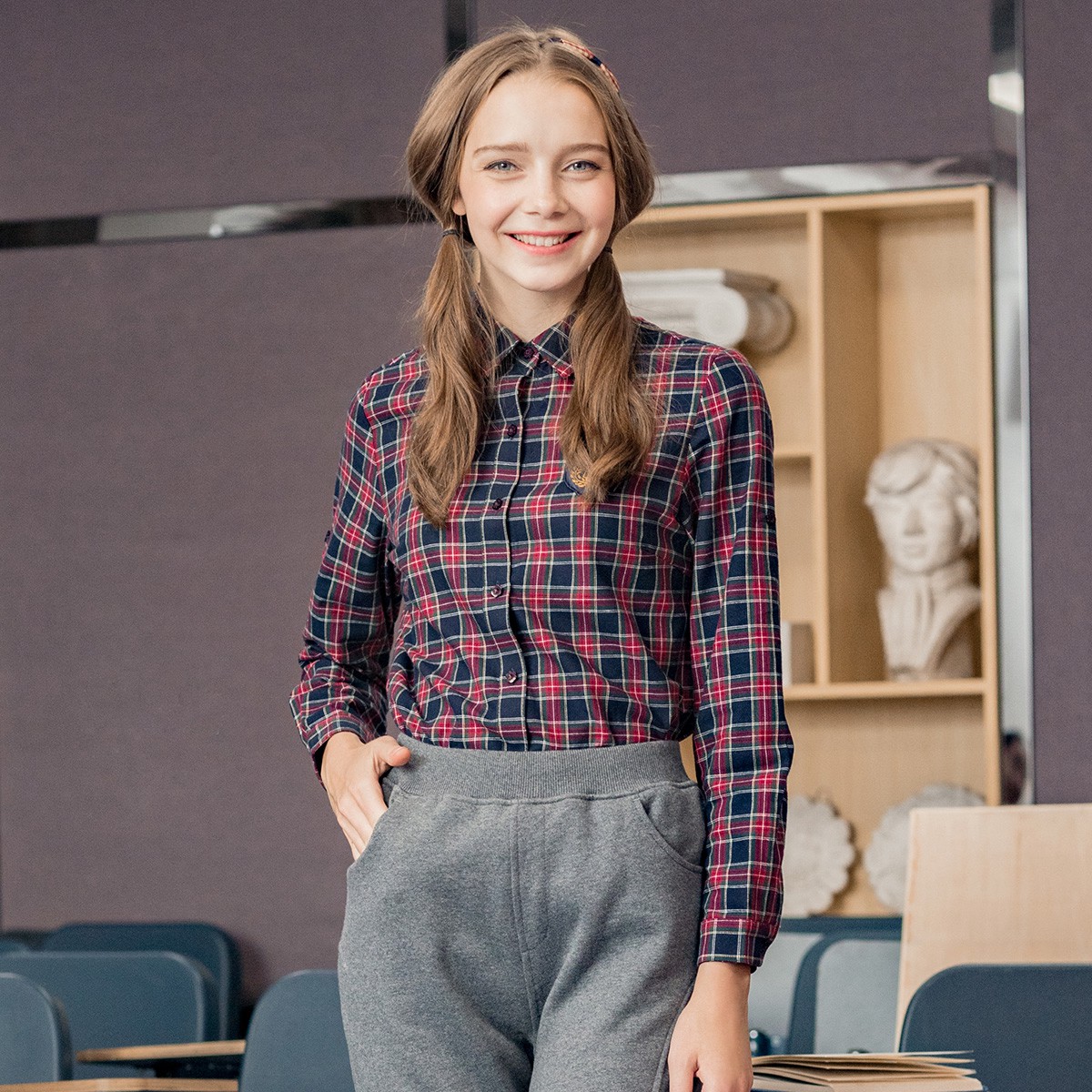 伊顿珍妮 校园学院风甜美修身纯棉衬衫少女学生长袖甜美格子衬衣