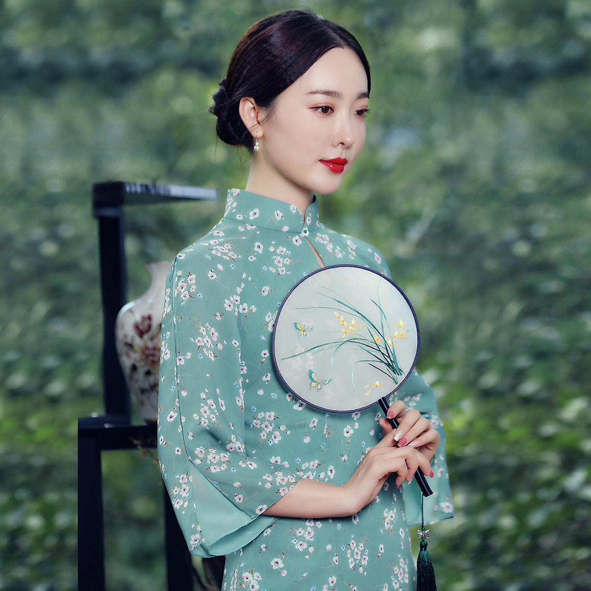 雀之恋2018秋装旗袍新款改良日常旗袍雪纺七分袖年轻旗袍连衣裙女