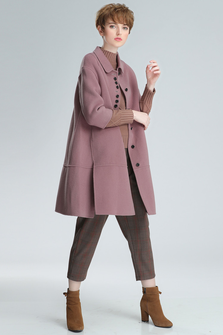 女款小圆领100%羊毛双面呢大衣