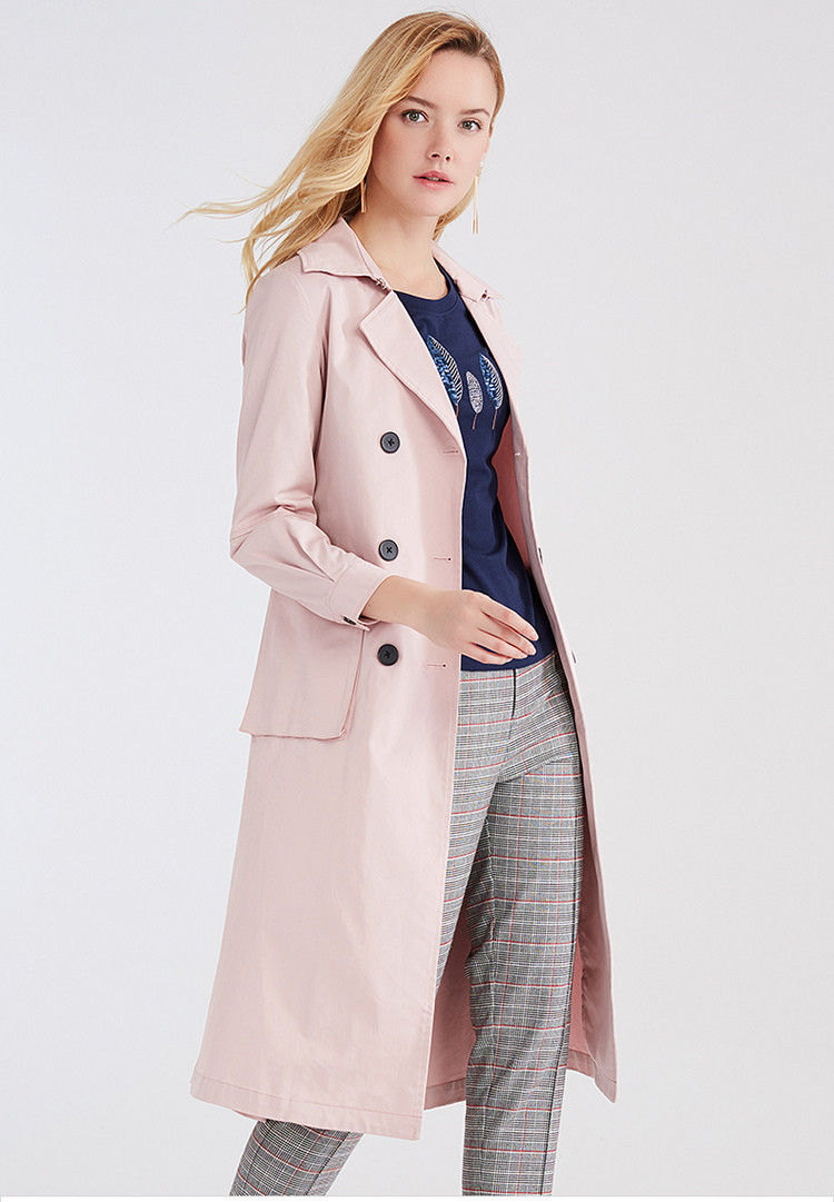 翻领双排扣风衣长袖女中长款外套 适用季节: 春,秋 里材质: 涤纶 款式