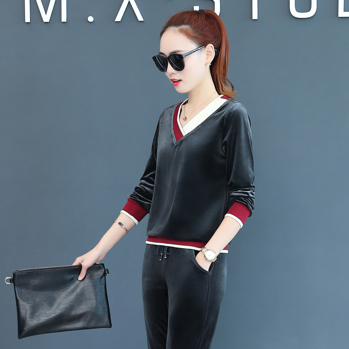 安又奇 秋装新品 女款运动长袖套装 领口拼接